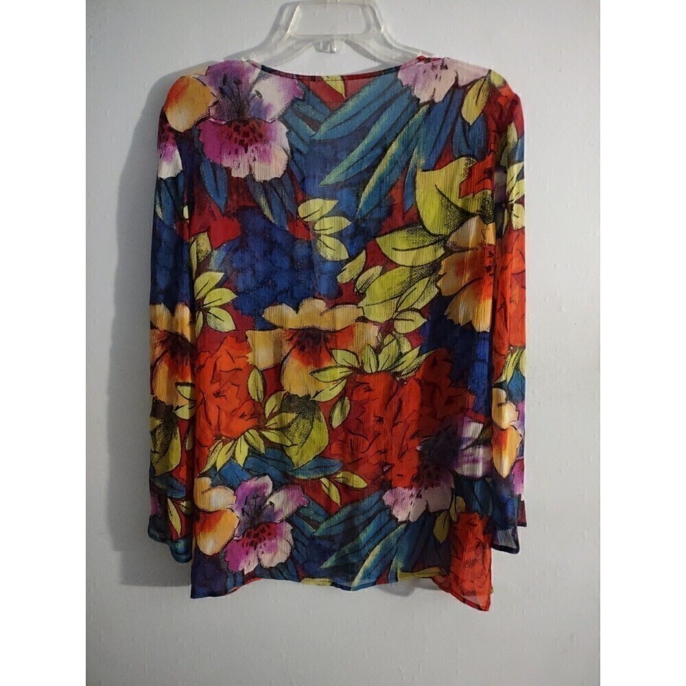 Chico's sz 1 Silk Top Sheer Long Sleeve Cover-Up Bright Floral Red Yellow Blue - Picture 3 of 4